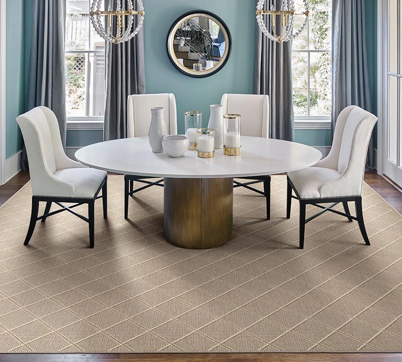 An area rug in a dining room